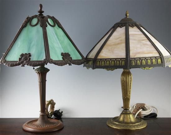 Two American patinated metal and slag glass table lamps, early 20th century, 22.5in. and 23.5in.